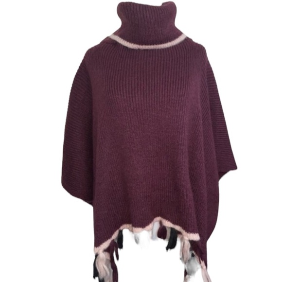 Libby Edelman Burgundy Tassel Sweater Poncho Wrap OS - Picture 1 of 15
